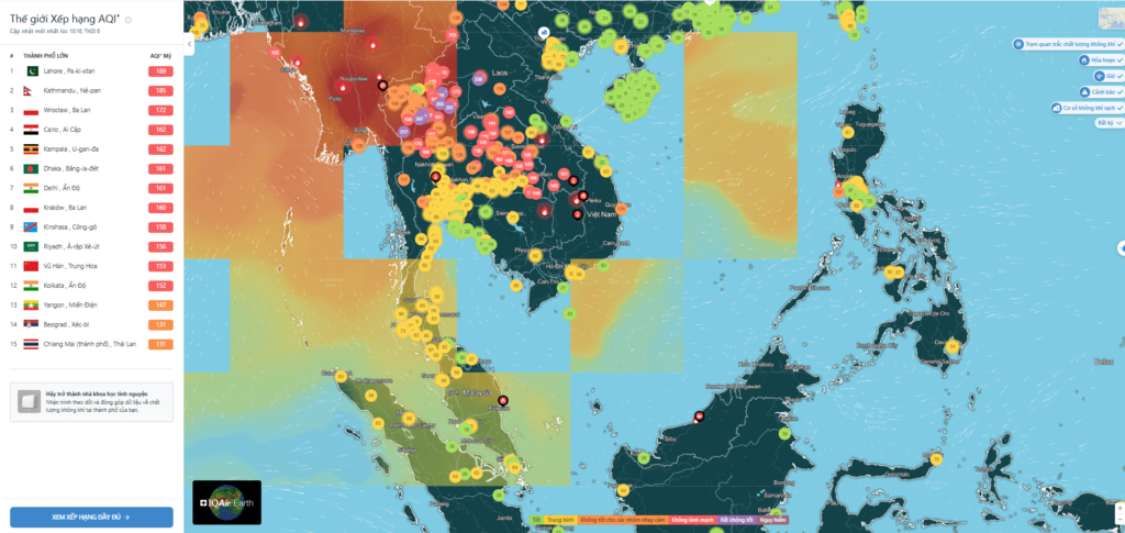 Bản đồ chất lượng không khí thế giới xếp hạng theo AQI - Nguồn IQAir