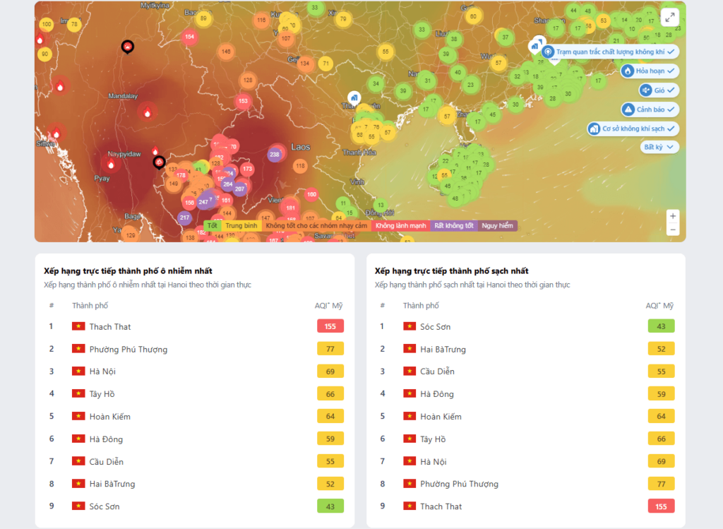 Chất lượng không khí tại Hà Nội xếp hạng theo AQI - Nguồn IQAir